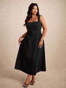 Elaquor Plus Size Solid Color Sleeveless Casual Holiday Dress,Summer Outfits For Women - Black - View 7