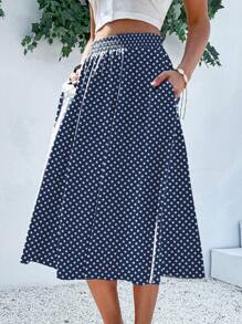 SHEIN LUNE Women's Casual Polka Dot Print Slant Pocket A-Line Skirt, Summer - Multicolor - View 3