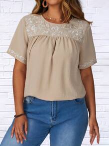 EMERY ROSE 加大码花卉刺绣短袖休闲度假衬衫，乡村休闲度假女士，简约时尚，适合日常穿着，夏季女士上衣，夏季，度假女士夏季办公室穿着，度假女士，夏季节日波西米亚风，假日