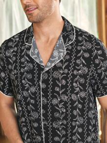 CoupledUp Floral Print Lapel Collar Short Sleeve Shorts Men Pajama Set - Black - View 7