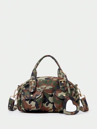 SHECARRY 女士时尚个性化街头风格 Y2K 迷彩心形镜子手提包/单肩包