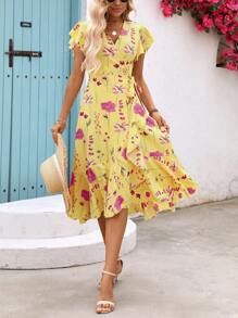 Breezaya Vestido midi estilo envolvente con estampado floral para mujeres