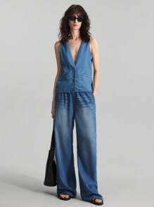 Ontre 2025 Herbst/Winter Damenmode, Herbst/Winter Damenbekleidung, Schulanfang, Halloween, Weihnachten, Business Lässig, Retro würdevoll elegante vielseitige Basics, Nashville Bekleidung, Damenjacke und -mantel aus Jeans, lässige taillierte ärmelloser Weste, Blau - Blau - Übersicht 2