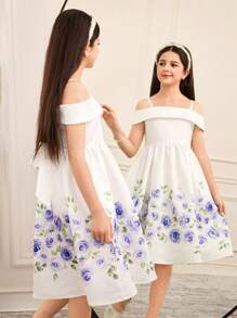 SHEIN 少女碎花细肩带露肩短袖连衣裙 - 藍色 - 查看 4