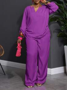 Slaydiva Conjunto de 2 piezas de talla grande para mujer de estilo occidental, con top de manga larga y pantalones de unicolor morado, cuello con muesca - Morado - Ver 9