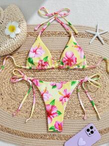 Swim Mod Women's 2pcs Summer Beach Holiday Bubble Fabric Floral Print Random Halter Top & Metal Decor Tie-Up Bikini Set - Multicolor - View 2