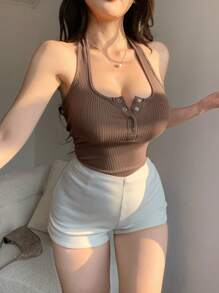 DAZY Summer New Fitted Sleeveless Crop Top, Women Thin Casual Tank Top - Brown - View 2