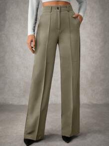EURMUSE Women's Solid Pleated Seam Detailed Suit Pants - Army Green - View 3