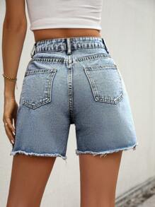 Casual Washed Edge High Waist Denim Shorts - Light Wash - View 2