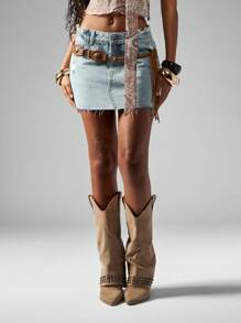 MISSGUIDED 破洞牛仔迷你裙节日西部磨损下摆毛边夏季春季沙漠女牛仔复古风格高腰经典 - 藍色 - 查看 5