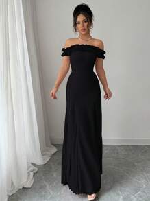 Selianne Đầm nữ thanh lịch, lãng mạn, trễ vai, xếp ly eo, vạt chữ A, chất liệu chiffon, phối ren. - màu đen - Xem 7