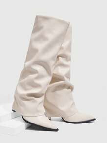 CUCCOO SZL Women's Sexy Fashionable Wrinkled Pointy Toe Side Zipper Knee-High Boots For Christmas - Beige - View 5