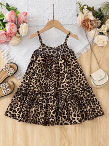 SHEIN Vestido de tirantes estampado de leopardo tejido para niña joven - Caqui - Ver 5