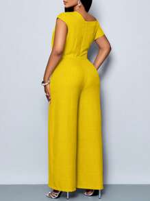SOLERSUN 大码女装四季女装通勤优雅日常旅行休闲简约纯色露肩不对称领口肩部褶皱短袖阔腿连体裤 - 黃色 - 查看 6