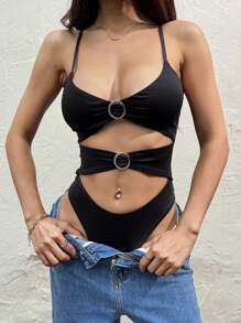 SHEIN EZwear Women's Solid Color Ring Connected Hollow Sexy Bodysuit