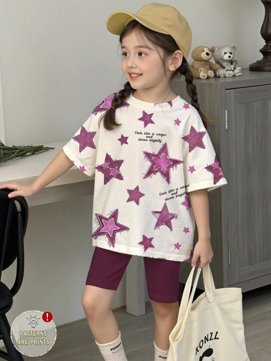 SHEIN Leap Crew 2件套女童休闲简约短袖短裤套装适合夏季 - 彩色 - 查看 1