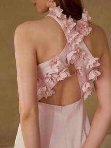 MOTF PREMIUM FLORAL APPLIQUED CRISS CROSS BACK COCKTAIL DRESS,VALENTINE'S DAY OUTFIT - Pink - View 2