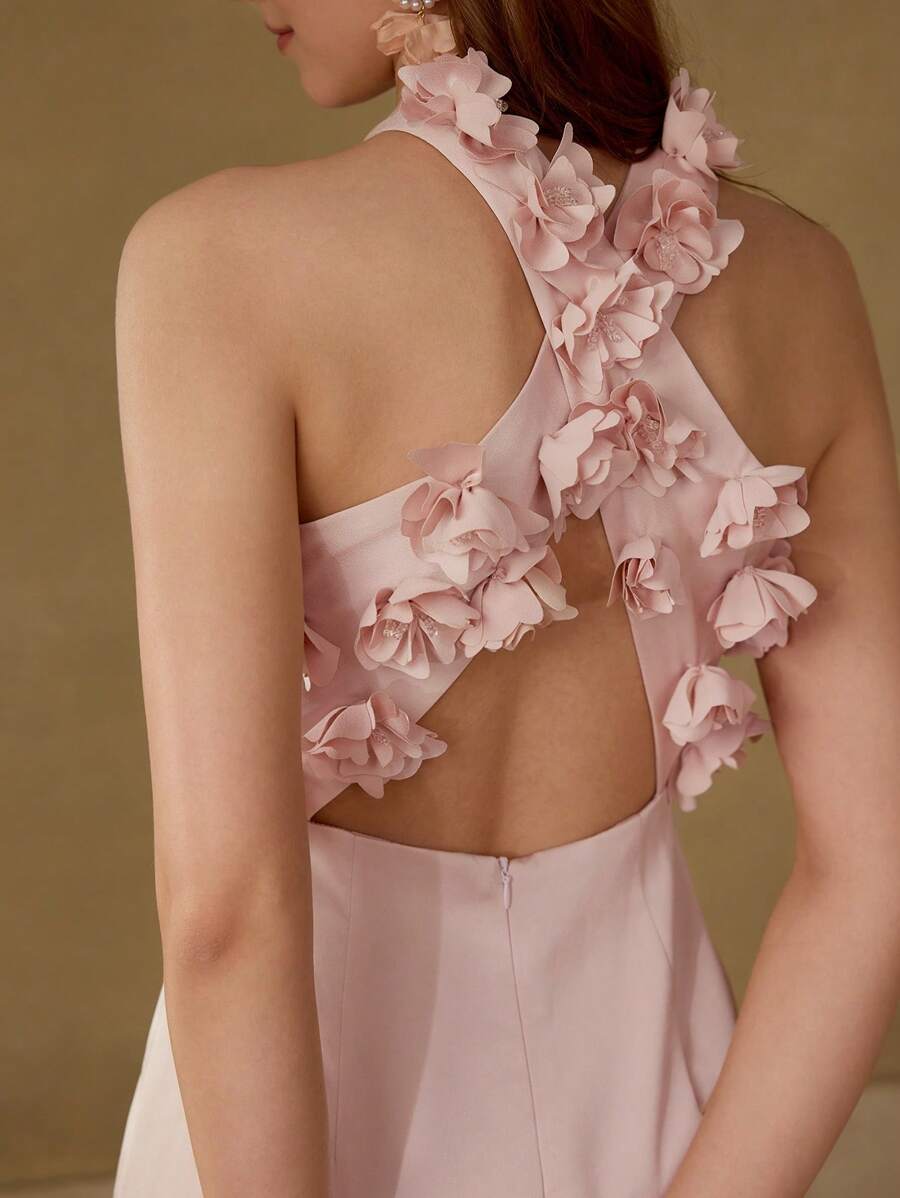 MOTF PREMIUM FLORAL APPLIQUED CRISS CROSS BACK COCKTAIL DRESS,VALENTINE'S DAY OUTFIT - Pink - View 2