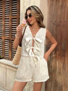 SHEIN Frenchy 2pcs/Set Women's Front Tie Hollow V-Neck Vest And Shorts Set Summer Casual - Apricot - View 8