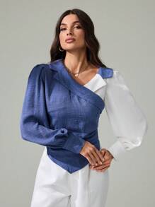 SHEIN Tall Women's Autumn Color Block Ruched Asymmetric Hem Fashion Long Sleeve Blouse, Tall Women - Blue and White - View 3