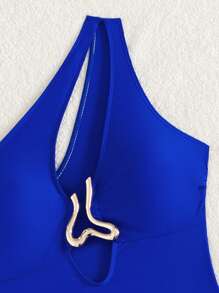 Swim SXY New Summer Solid Color Asymmetrical Neckline Gold Decorated Hollow One-Piece Swimsuit, Beach Vacation Fit Women's Bikini Curve Hot Style Highlights Figure Sexy One-Piece Blue Special-Shaped Metal Decoration - Royal Blue - View 5
