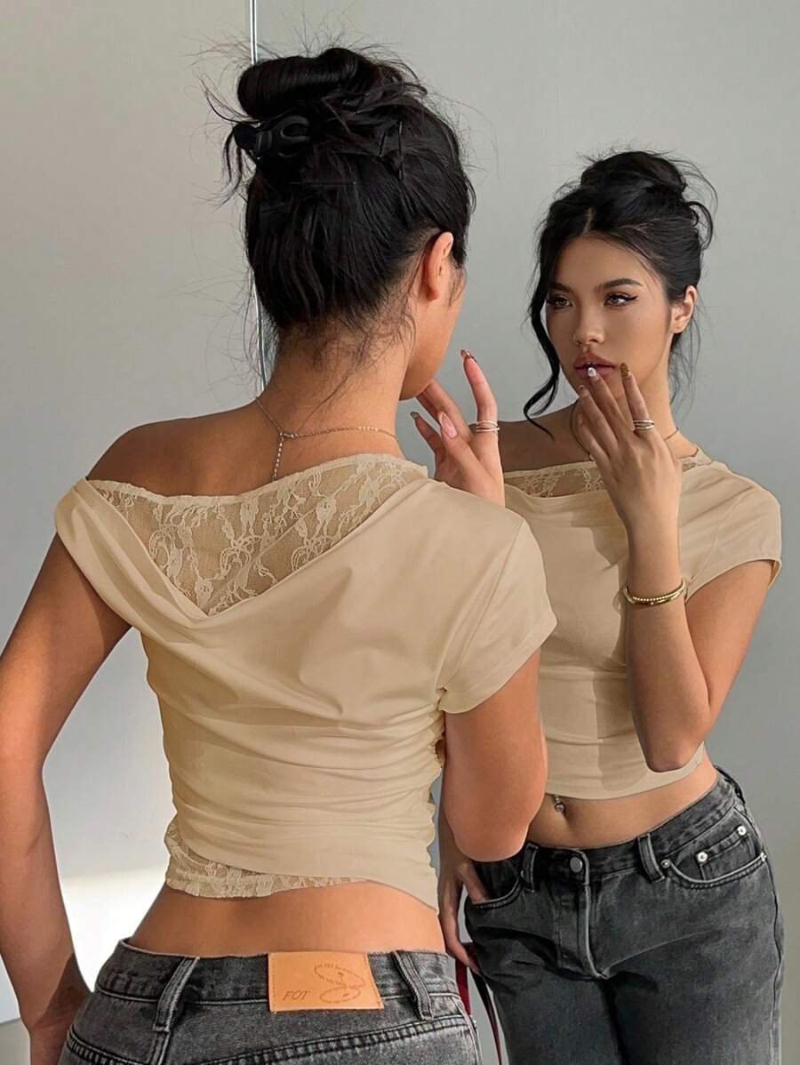 Siren Gaze Áo hở vai vá mùa hè cho nữ, áo phông tay ngắn ren rộng bất đối xứng màu trắng - Màu be - Xem 1