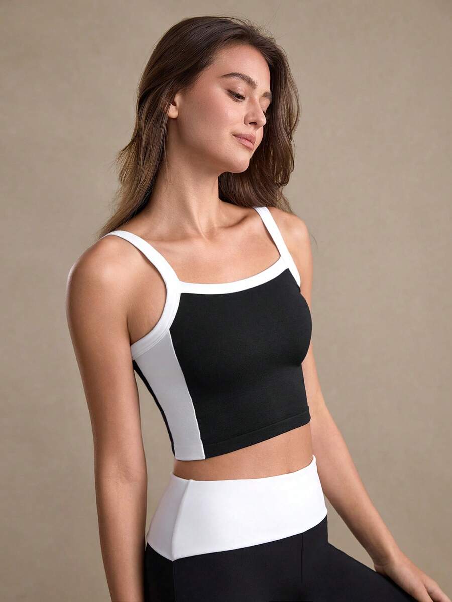 Eassivo Eassivo 1pc Contrast Trim Racerback Tank Top, Basic Style Black With White Trim, Seamless Design For Fitness - Multicolor - View 1