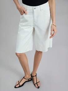 Ontre Women's White Denim Shorts Low Rise Bermuda Shorts Casual Old Money Style Summer Office - White - View 1