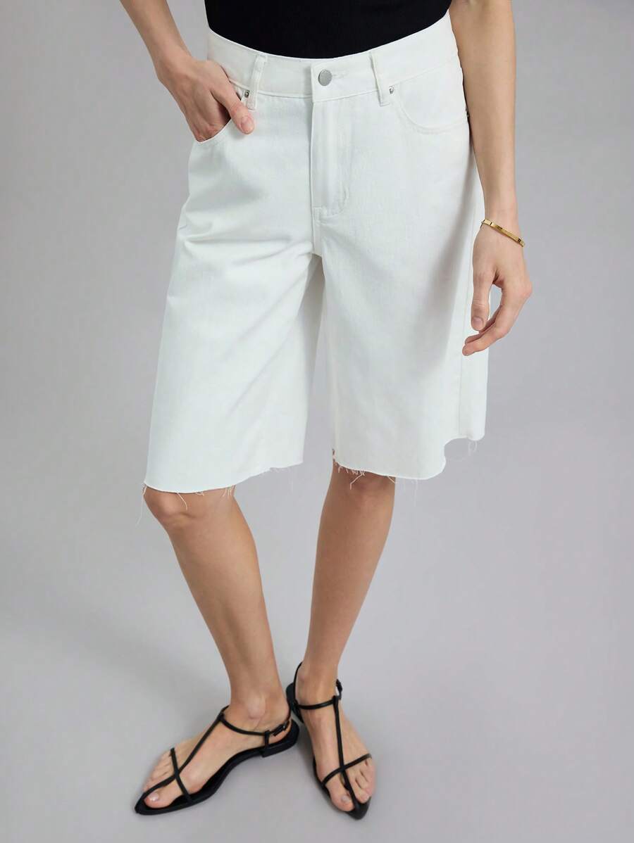 Ontre Women's White Denim Shorts Low Rise Bermuda Shorts Casual Old Money Style Summer Office - White - View 1