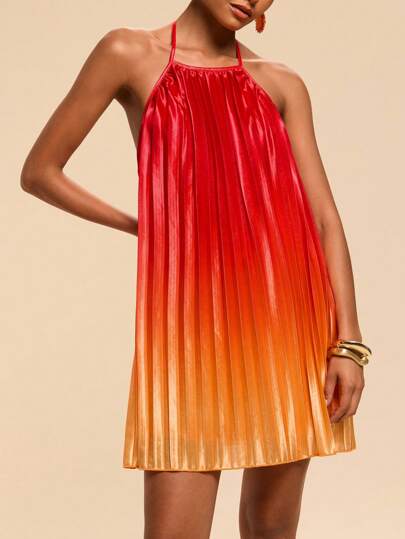 Travachic 女士褶皱露背挂脖迷你连衣裙，度假/度假装，春夏