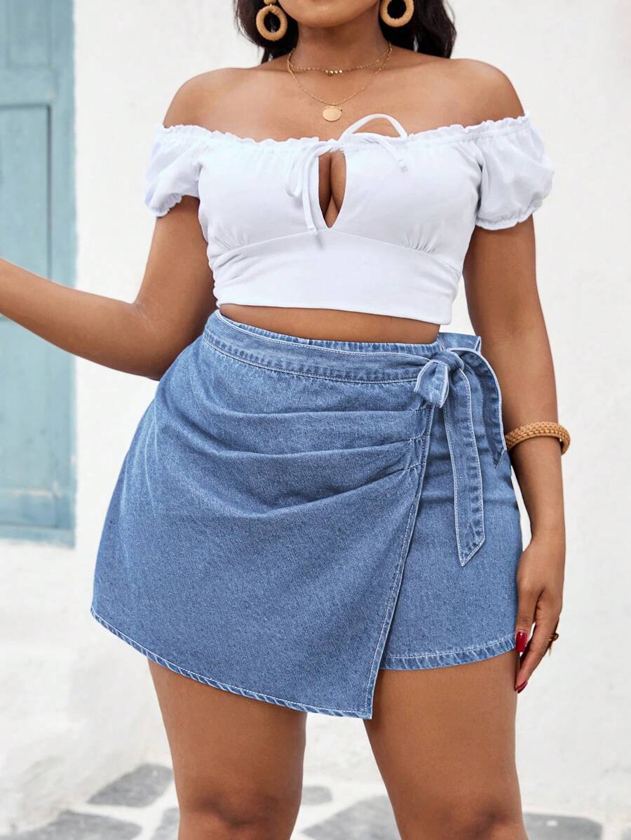 Slaydiva 大码牛仔短裤，夏季时尚 - 深色水洗藍 - 查看 1