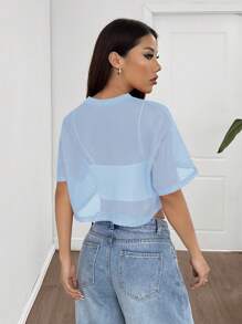 SHEIN EZwear Light Blue See-Through Mesh Knit T-Shirt For Women - Baby Blue - View 2