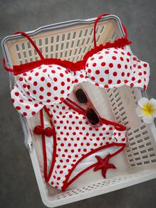 Swim Mod Summer Vacation Beach Polka Dot Printed Cropped Top & Frill Shorts Bikini Set - Red - View 1