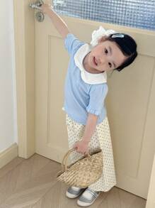 DAZY Young Girls Cute Bowknot Collar Short Sleeve T-Shirt, Summer - Blue - View 8