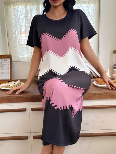 Digital Wave Print Short Sleeve Nightgown, Moo