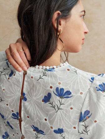 Écloséra 女式复古宽松V领无袖刺绣花卉印花白色衬衫，春夏