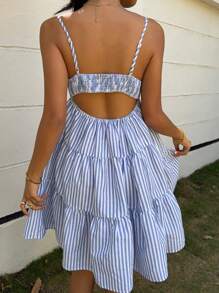 MainGRL 女士蓝色条纹梭织吊带背心连衣裙 - 淺色水洗藍 - 查看 4