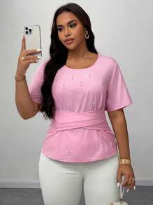 SHEIN Unity 女式加大码夏季圆领设计收腰短款珍珠装饰上衣