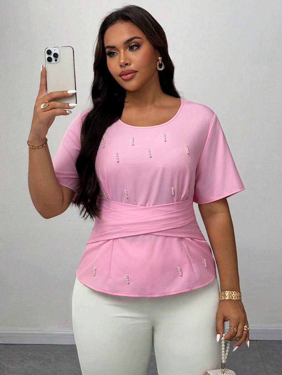 SHEIN Unity 女式加大码夏季圆领设计收腰短款珍珠装饰上衣