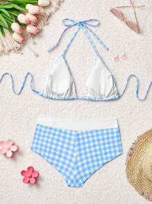 SHEIN MOD Summer Beach Checkered V-Neck Halter Bikini Set, Cute, Kawaii - Blue - View 2