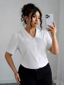 Elenzga 加大码女式优雅白色衬衫，商务休闲衬衫，彼得潘领和蕾丝花边