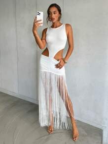 Aloruh 女士春夏新款白色纯色修身迷你连衣裙，腰部镂空设计，流苏细节，波西米亚风度假连衣裙，约会连衣裙，女士派对连衣裙，女士夜店装扮，音乐节装扮，锐舞音乐节装扮，女士音乐节装扮，乡村音乐会装扮，音乐节装扮，女士吊带裙，西部风格女装，女士夏季连衣裙，女士连衣裙，女士夏季装扮，白色连衣裙，女士白色连衣裙，波西米亚风 - 白色 - 查看 7