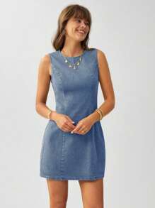 Wildy 女式无袖圆领修身水洗做旧短款连衣裙