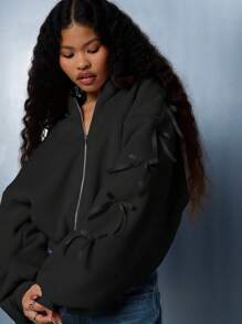 SUMWON WOMEN 半拉链短款运动连帽衫，带蝴蝶结袖子细节，背部刺绣抽绳，现代街头服饰，秋冬运动服，健身休闲服 - 黑色 - 查看 5