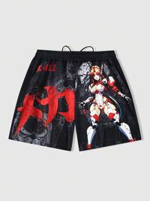 ROMWE MEN Anime Conjunto de 2 piezas de camiseta de manga corta y pantalones cortos con estampado de anime para hombre, para uso diario