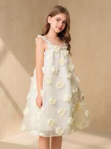 1 pieza Vestido lindo con volantes y flores 3D en el bajo para niñas preadolescentes, apropiado para fiestas y uso al aire libre, primavera/verano - Beis - Ver 4