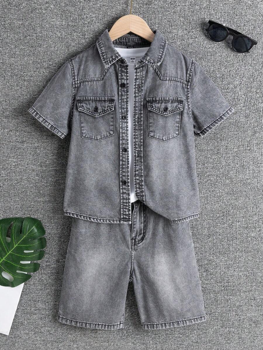 SHEIN 青少年男孩牛仔两件套服装