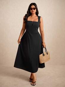 Elaquor Plus Size Solid Color Sleeveless Casual Holiday Dress,Summer Outfits For Women - Black - View 3