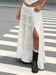 SHEIN EZwear Women's White Semi-Sheer Woven Fabric Tiered Long Skirt: A Casual Layered Style - White - View 5