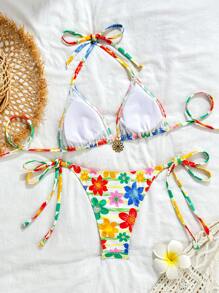 SHEIN Swim 2pcs/Set Summer Beach Holiday Women Floral Print Bikini Swimsuit, Triangle Top And Drawstring Bottom - Multicolor - View 3